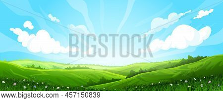 Meadow Background Landscape Vector. Green Grass, Field Hill, Spring Sky, Summer Countryside, Cartoon