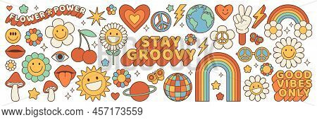 Groovy Hippie 70s Set. Funny Cartoon Flower, Rainbow, Peace, Love, Heart, Daisy, Mushroom Etc. Stick