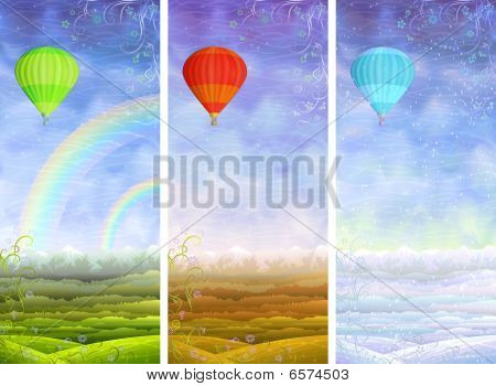 Summer, fall, winter landscapes with balloons