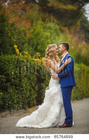 The groom kisses the bride in a green Park in the summer.