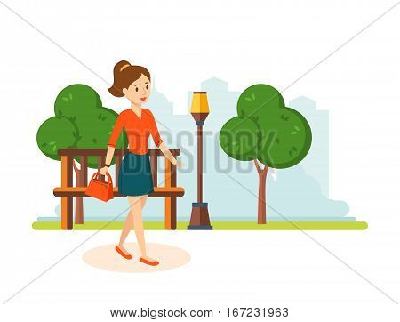 Shopping people. Girl in a skirt and blouse, go out of the store, walks in the park resting in his hand holding bag and goes on the road against the background of the streets. Vector illustration.