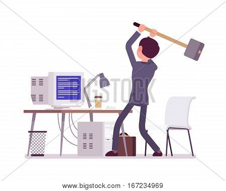 Young man, frustrated user, holding a big hammer, is about to crash an old computer with Blue Screen of Death, home desktop error screen displayed on it, system fatal problem, office PC gets hanged up