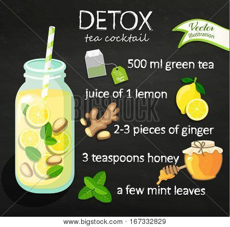 Recipe detox cocktail with green tea, lemon, ginger, honey, mint. Vector illustration for diet menu, cafe and restaurant menu. Fresh smoothies, detox, fruit cocktail for healthy life.