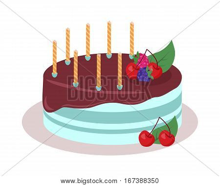 Delicious cake. Festive cake web banner. Chocolate cake bakery isolated design flat. Birthday cake, dessert and cookies, sweet confectionery, delicious cream, tasty pastry cake. Vector illustration