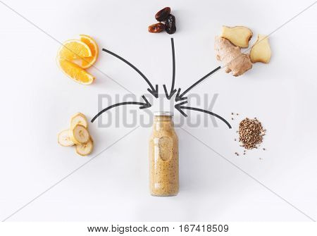 Detox drink concept, smoothie ingredients collage. Natural, organic healthy juice in bottle for weight loss diet or fasting day. Banana, date fruit, orange and ginger mix isolated on white background