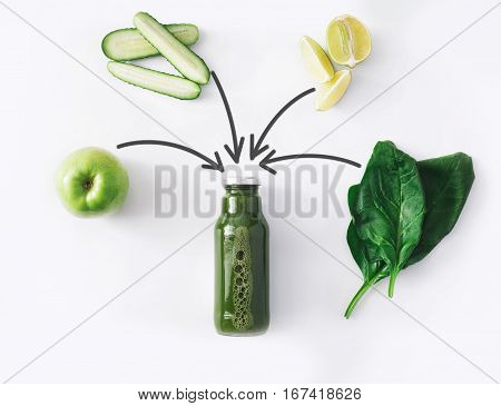 Detox cleanse drink concept, green vegetable smoothie ingredients. Natural, organic healthy juice in bottle for weight loss diet or fasting day. Cucumber, apple, lime and spinach mix isolated on white