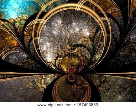 Mystic fractal background - abstract computer-generated image. Digital art: circles and curves like mystical portal, mirror ar globe. For covers, web design, posters.