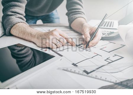 architect architecture drawing project blueprint office business working architectural construction design designer ruler table workplace concept - stock image