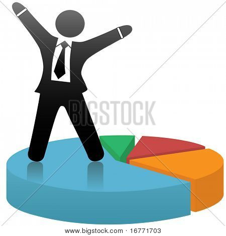 Un uomo d'affari simbolo celebra un levantesi in piedi su un grafico a torta colorato mercato finanziario quota di successo.