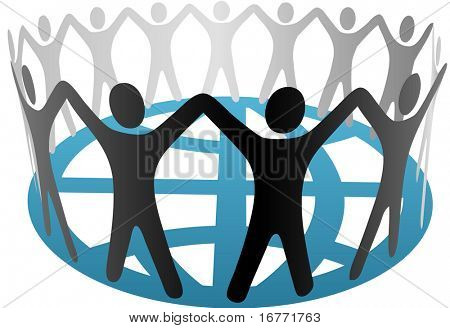 A global group of Symbol People in a circle, ring, chain of cooperation, community on a blue globe.