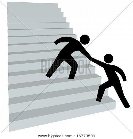 A friend gives a person a helping hand up on to climb the stairway to success.