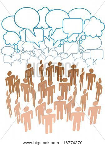 Company club or other group of people talk under a cloud of social media copy space speech bubbles