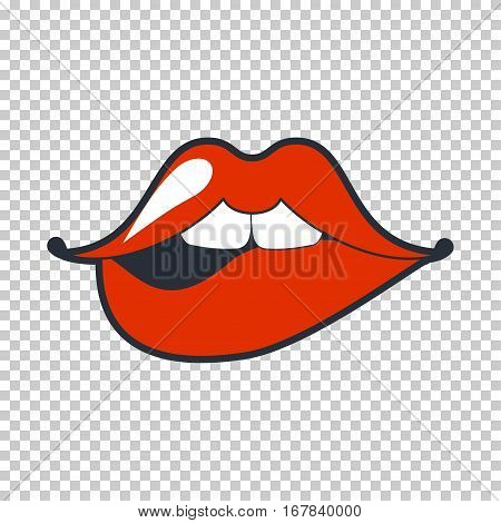 Quirky Lips. Vector patch, sticker isolated on a transparent background. Cool sexy red lips. Selphie cartoon Sign for print, in comics, Fashion, pop art, retro style 80-s 90s