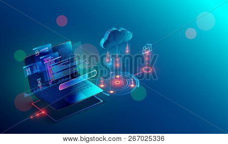 Laptop Connection On Cloud Storage For Collaboration Work With Remote Team. Cooperation Work Via Int