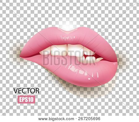 Beautiful Female Lips, Pink Lipstick, Biting Lip, Sexy Lips. 3d Design. Vector Illustration.