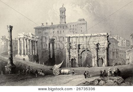 Antieke illustratie van Roman Forum, Italië. Origineel, gemaakt door W. H. Bartlett en A. Willmore werd