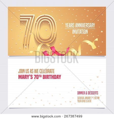 70 Years Anniversary Invitation Vector Illustration. Design Element With Golden Abstract Background 