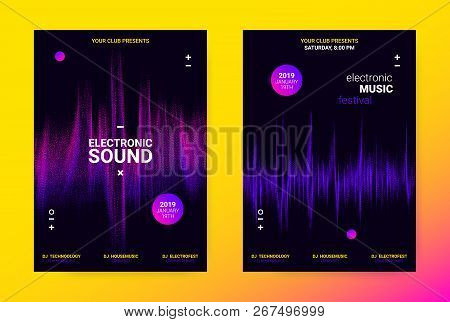 Techno Music Poster. Wave Flyer For Dance Event Promotion. Banner For Techno Sound Performance. Elec