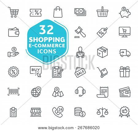 E-commerce, Online Shopping And Delivery Elements Vector Icons. Outline Icons Collection. Thin Lines