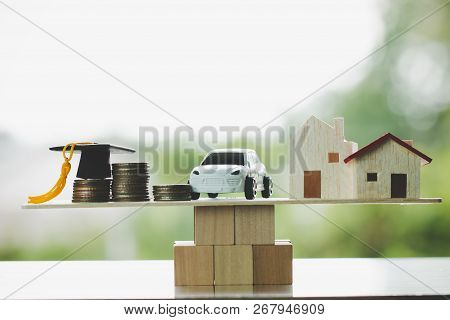 Education University Success Concept : House Car Graduation Cap On Wooden Block, Concept Of Educate