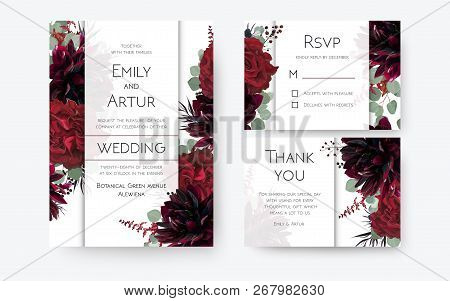 Wedding Invite, Invitation Card, Rsvp, Thank You Cards Floral Design. Vintage Red Rose Flowers, Burg