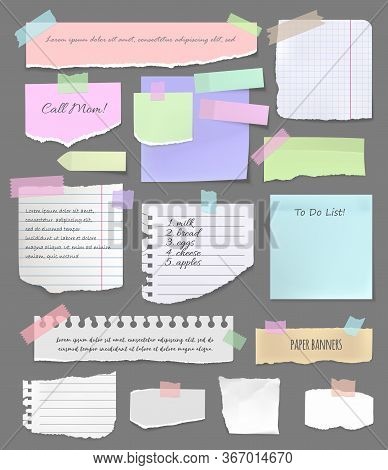 Torn Paper Pieces, Notebook Sheets And Scrapbooking Vector Elements. Colorful Paper Sticker On Board