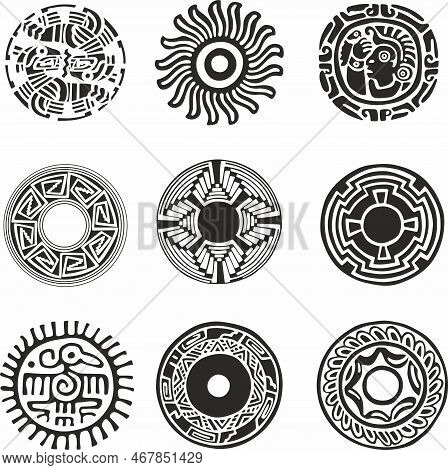 Vector Round Monochrome Indian Character Set. Totem In The Circle Of Native Americans. Signs And Sym