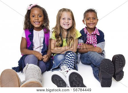 Diverse group of school kids isolated on white background. Smiling and happy children.