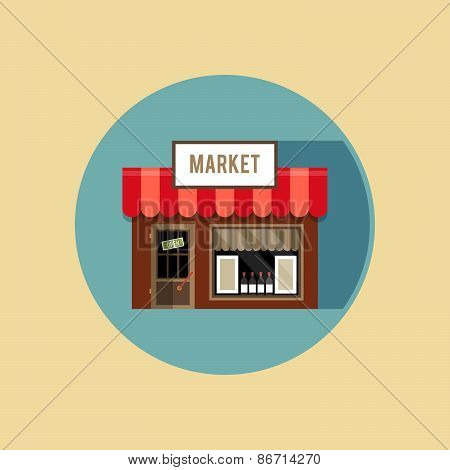 Vector Modern Flat Design Square Architecture Web Icon On Retro Style Local Grocery Market Shop Stor