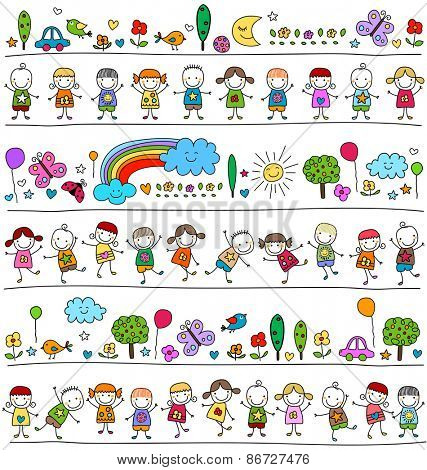 colorful pattern with children and cute nature elements, child like drawing style