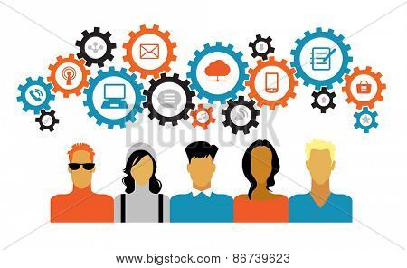 Icons of people with gears and interface icons technology, social media. concept of people communicate in a global network. Icons of people with gears and Interface icons