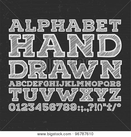 chalk sketched striped alphabet abc vector font. Type letters, numbers, characters and punctuation m