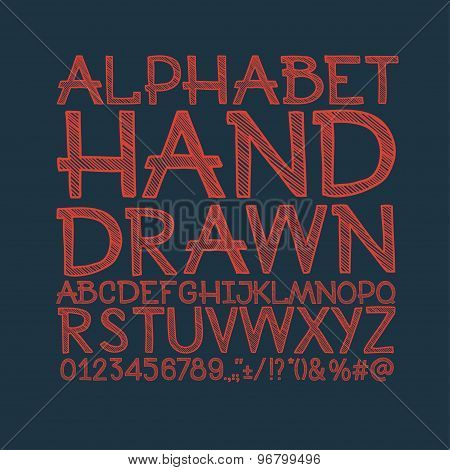 chalk sketched striped alphabet abc vector font. Type letters, numbers, characters and punctuation m