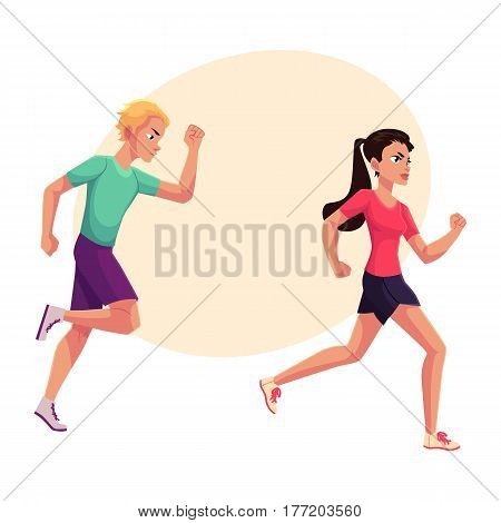 Couple of runners, sprinters running, race, competition, healthy lifestyle concept, cartoon vector illustration with place for text. Male and female runners, sprinters, joggers