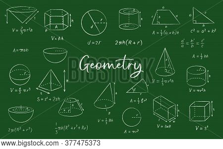 Geometric Shape Chalk Sketches On Blackboard, Vector Education And Back To School Background. Math F