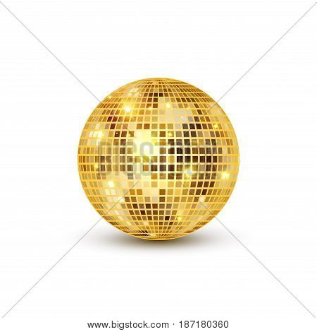 Disco ball isolated illustration. Night Club party light element. Bright mirror golden ball design for disco dance club.