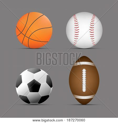 basketball ball, football / soccer ball, rugby / american football ball, baseball ball with gray background.set of sports balls. vector. illustration. graphic design.