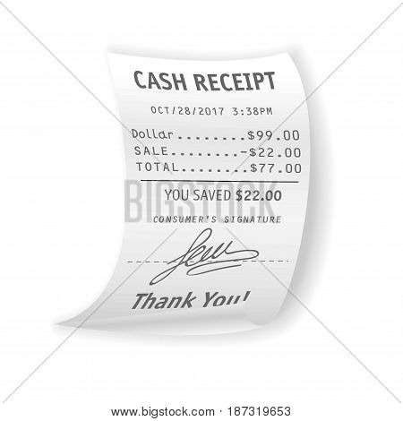 Paper cash receipt with fully written out real cost, discount, total price, customer signature and Thank you sign at bottom from distinguished date isolated vector illustration on white background.