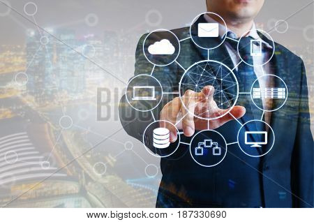 Double Exposure Of Professional Businessman Connected Devices With World Digital Technology Internet