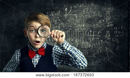 Child Magnifying Glass Amazed School Kid Student Boy with Magnifier Study Mathematics Math Education