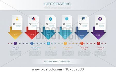 Vector infographics timeline design template with 3D paper label and graph 6 steps options. For workflow, layout, diagram, infograph, business, infographic, flowchart, process diagram, time line, chart