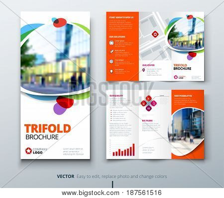 Business tri fold brochure design. Blue orange corporate business template for tri fold flyer. Layout with modern square photo and abstract background. Creative concept folded flyer or brochure.