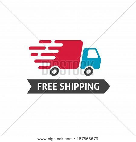 Free shipping icon vector, flat style truck moving fast and free shipping text label, fast delivery badge isolated on white