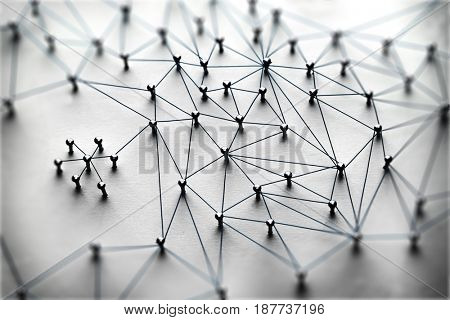 Linking entities. Monotone. Networking, social media, SNS, internet communication abstract. Small network connected to a larger network. Web of light to dark blue, wires on white background.