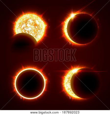 Incomplete and total solar eclipseon on a black background vector illustration set. The Sun in the Shadow of the Moon picture collection.