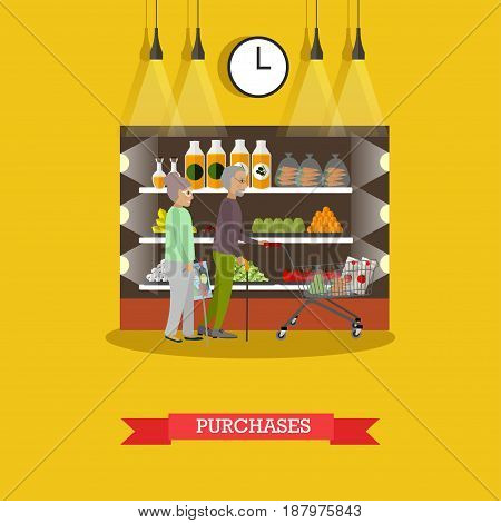 Vector illustration of senior couple doing shopping in grocery store. Elderly man and woman with shopping cart buying groceries. Purchases concept design element in flat style.