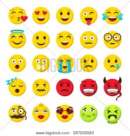 Emoticons Set. Emoji Faces Emoticon Funny Smile Vector Packs Collection