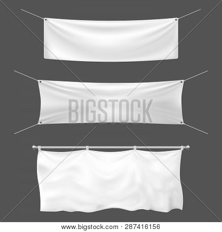 Textile Banner Mockup. Empty Sign Banner, Hanging Blank White Banners And Announcement Canvas Signs 