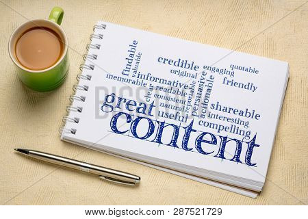 great content writing word cloud in a art sketchbook with a cup of coffee -  business writing and content marketing concept