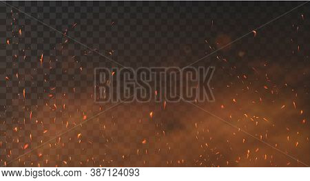 Fire Sparks Background On A Transparent Background. Burning Hot Sparks, Embers Burning Cinder And Sm